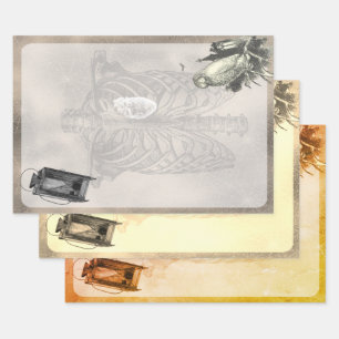 Halloween Rib Cage and Owl Vinatge Ephemera Wrapping Paper Sheet
