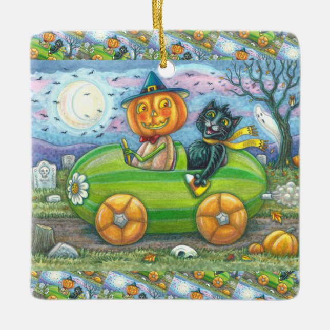 HALLOWEEN ROAD TRIP, JACK AND BLACK CAT FRIENDS CERAMIC ORNAMENT (Front)
