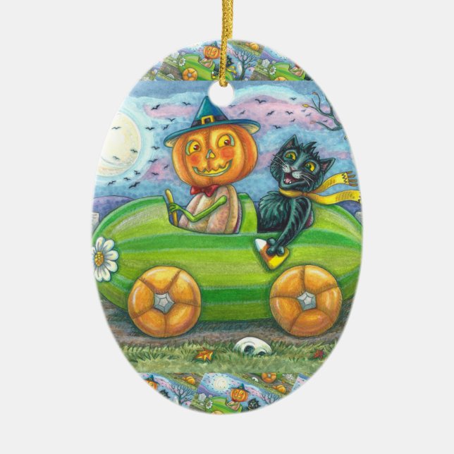 HALLOWEEN ROAD TRIP, JACK AND BLACK CAT FRIENDS CERAMIC ORNAMENT (Front)