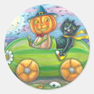 HALLOWEEN ROAD TRIP, JACK AND BLACK CAT FRIENDS CLASSIC ROUND STICKER