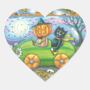 HALLOWEEN ROAD TRIP, JACK AND BLACK CAT FRIENDS HEART STICKER