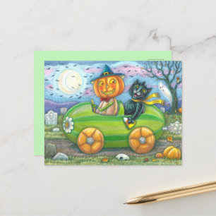 HALLOWEEN ROAD TRIP, JACK AND BLACK CAT FRIENDS HOLIDAY POSTCARD