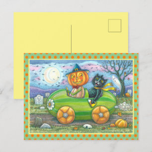 HALLOWEEN ROAD TRIP, JACK AND BLACK CAT FRIENDS HOLIDAY POSTCARD