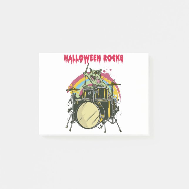 Halloween Rocks, Halloween Zombie Cat Drummer Post-it Notes (Front)