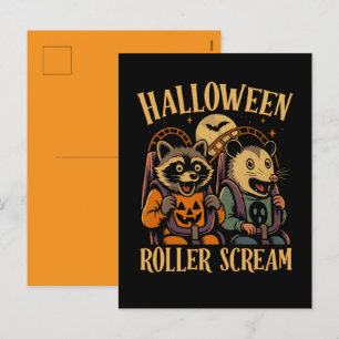 Halloween Roller Scream Racoon and Opossum Holiday Postcard