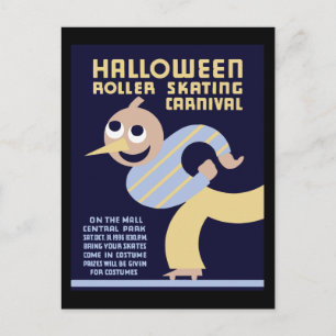 Halloween roller skating carnival postcard