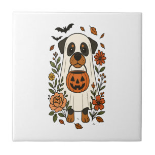 Halloween Rottweiler with Flowers Ceramic Tile