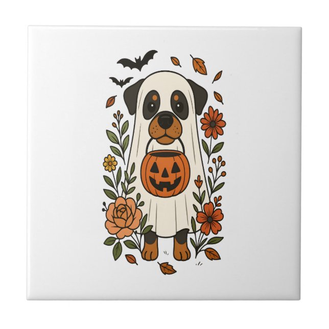 Halloween Rottweiler with Flowers Ceramic Tile (Front)