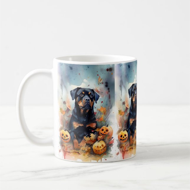 Halloween Rottweiler With Pumpkins Scary Coffee Mug (Left)