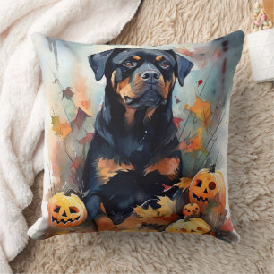 Halloween Rottweiler With Pumpkins Scary  Cushion