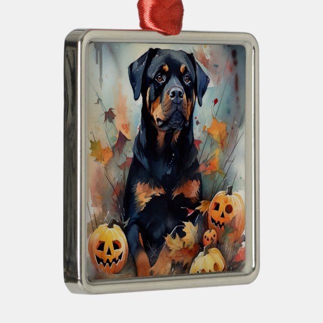 Halloween Rottweiler With Pumpkins Scary Metal Ornament (Right)