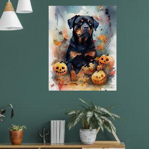 Halloween Rottweiler With Pumpkins Scary Poster