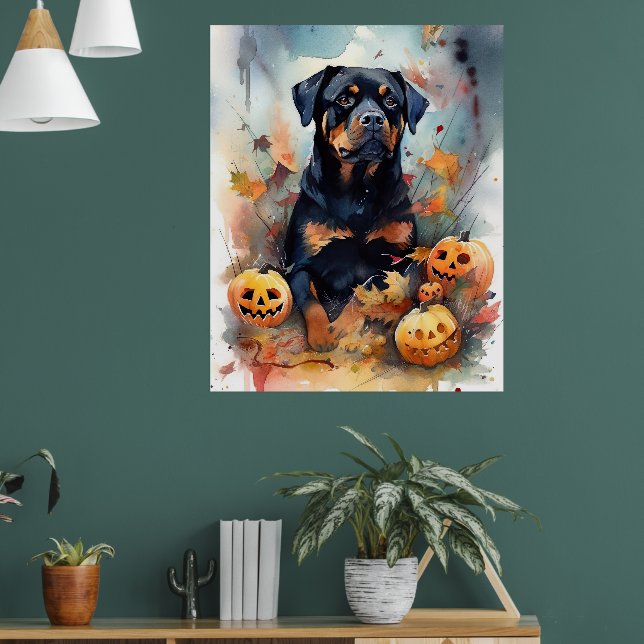 Halloween Rottweiler With Pumpkins Scary Poster (Living Room 1)