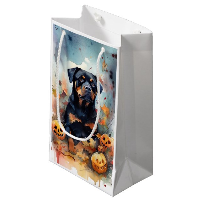 Halloween Rottweiler With Pumpkins Scary Small Gift Bag (Front Angled)