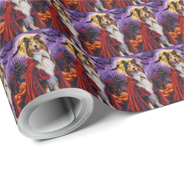 Halloween Rough Collie Vampire Pumpkins Scary Wrapping Paper (Roll Corner)
