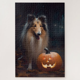Halloween Rough Collie With Pumpkins Scary Jigsaw Puzzle