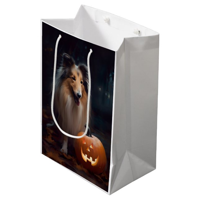 Halloween Rough Collie With Pumpkins Scary Medium Gift Bag (Front Angled)