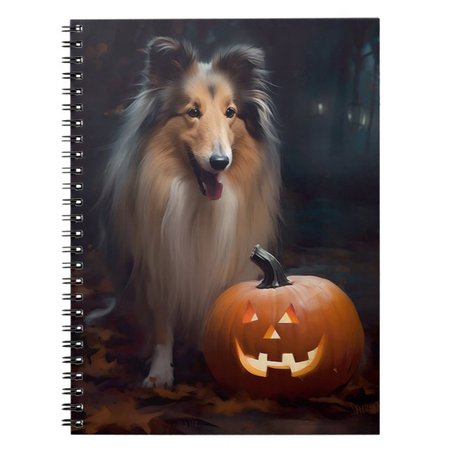 Halloween Rough Collie With Pumpkins Scary Notebook (Front)