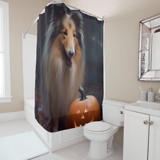 Halloween Rough Collie With Pumpkins Scary Shower Curtain (In Situ)