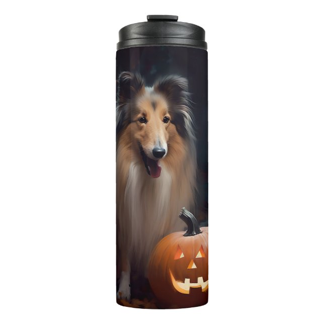 Halloween Rough Collie With Pumpkins Scary Thermal Tumbler (Front)