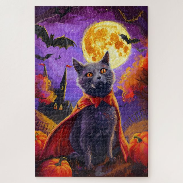 Halloween Russian Blue Cat Vampire Pumpkins Scary Jigsaw Puzzle (Vertical)