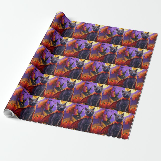 Halloween Russian Blue Cat Vampire Pumpkins Scary Wrapping Paper (Unrolled)