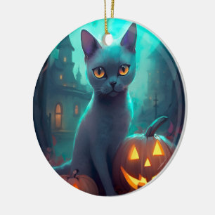 Halloween Russian Blue Cat With Pumpkins Scary Ceramic Ornament
