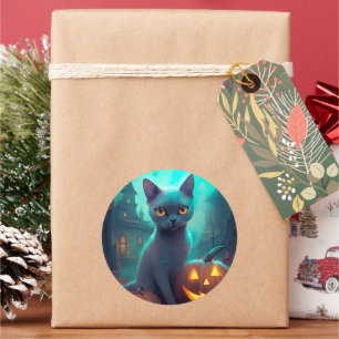 Halloween Russian Blue Cat With Pumpkins Scary Classic Round Sticker