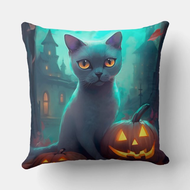 Halloween Russian Blue Cat With Pumpkins Scary Cushion (Back)