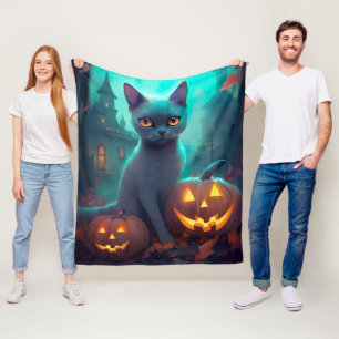 Halloween Russian Blue Cat With Pumpkins Scary Fleece Blanket