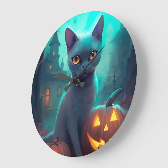 Halloween Russian Blue Cat With Pumpkins Scary Large Clock (Angle)