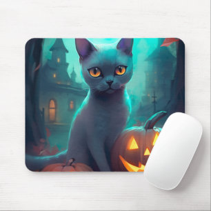 Halloween Russian Blue Cat With Pumpkins Scary Mouse Pad