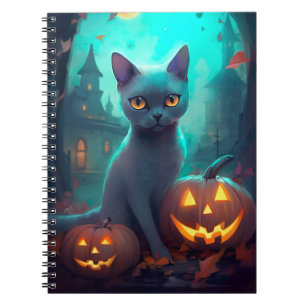 Halloween Russian Blue Cat With Pumpkins Scary Notebook