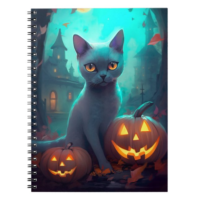 Halloween Russian Blue Cat With Pumpkins Scary Notebook (Front)