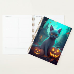 Halloween Russian Blue Cat With Pumpkins Scary Planner