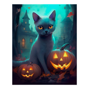 Halloween Russian Blue Cat With Pumpkins Scary Poster