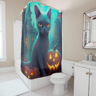 Halloween Russian Blue Cat With Pumpkins Scary Shower Curtain