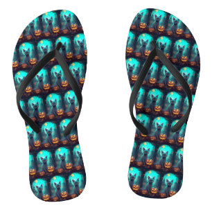 Halloween Russian Blue Cat With Pumpkins Scary Thongs