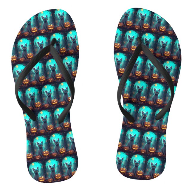 Halloween Russian Blue Cat With Pumpkins Scary Thongs (Footbed)