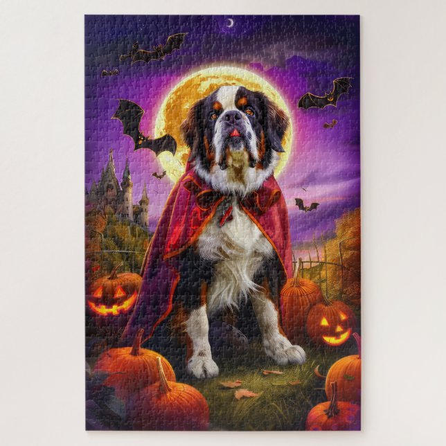 Halloween Saint Bernard Vampire Pumpkins Scary Jigsaw Puzzle (Vertical)