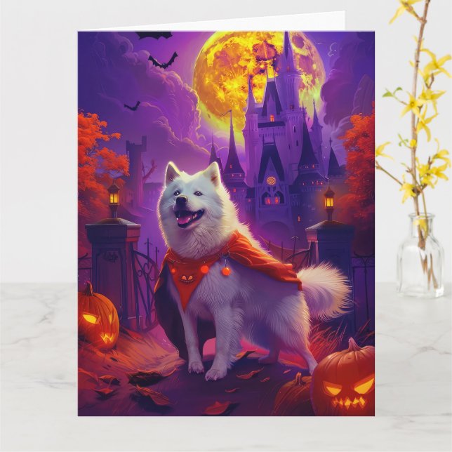 Halloween Samoyed Vampire Pumpkins Scary Card (Yellow Flower)