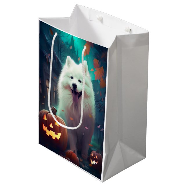 Halloween Samoyed With Pumpkins Scary Medium Gift Bag (Front Angled)