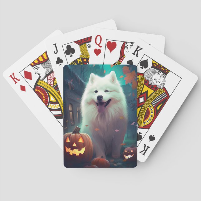 Halloween Samoyed With Pumpkins Scary Playing Cards (Back)