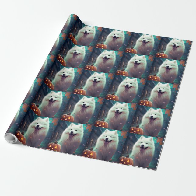 Halloween Samoyed With Pumpkins Scary Wrapping Paper (Unrolled)