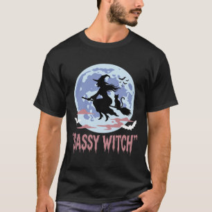 Halloween Sassy Witch Flying Broom Cat T-Shirt