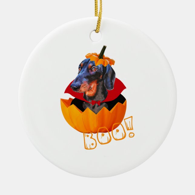 Halloween Sausage Dog Boo Pumpkin Dachshund Ceramic Ornament (Front)