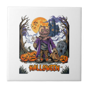 Halloween Scarecrow Candy Sack Pumpkins Haunted Ho Ceramic Tile