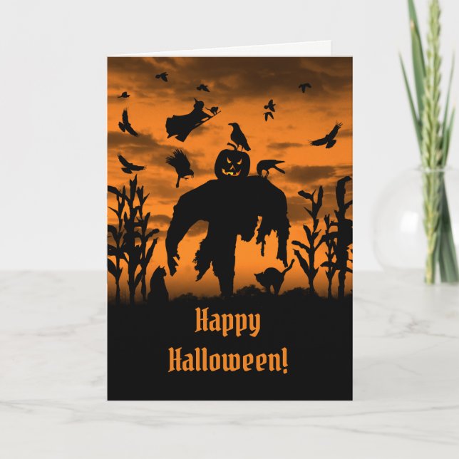 Halloween Scarecrow Jack O Lantern Witch Ravens Card (Front)