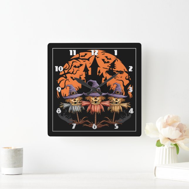 Halloween scarecrow trio beneath an eerie moon square wall clock (Home)