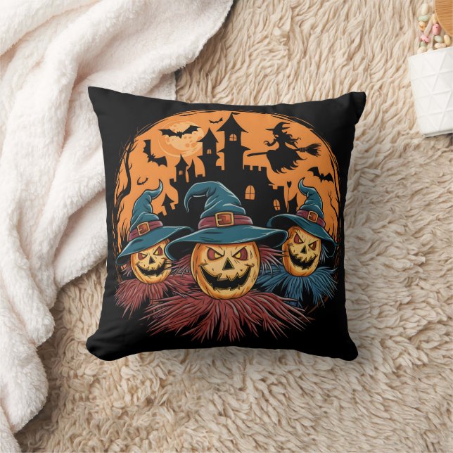 Halloween scarecrow trio in a spooky backdrop cushion (Blanket)
